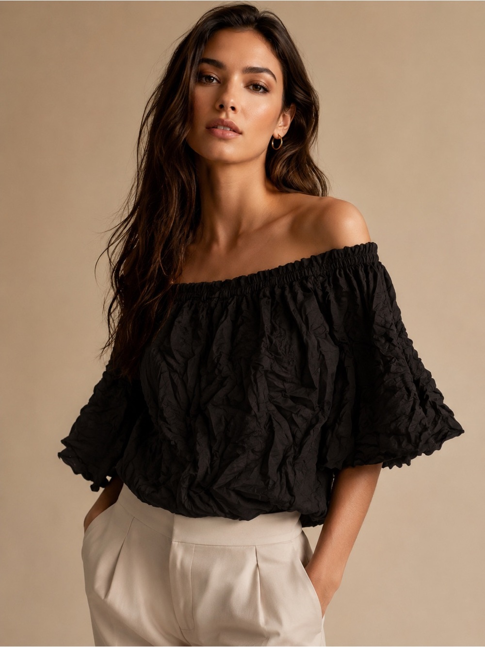 Off-Shoulder Black Crinkle Top
